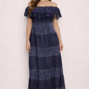 Navy Blue Maxi Dress Lace Off Shoulder Boho Cottagecore Romantic Flowy Coastal
